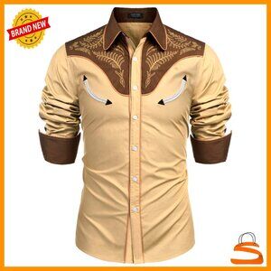 Western Cowboy Shirt Embroidered Button Down Long Sleeve Casual Vintage